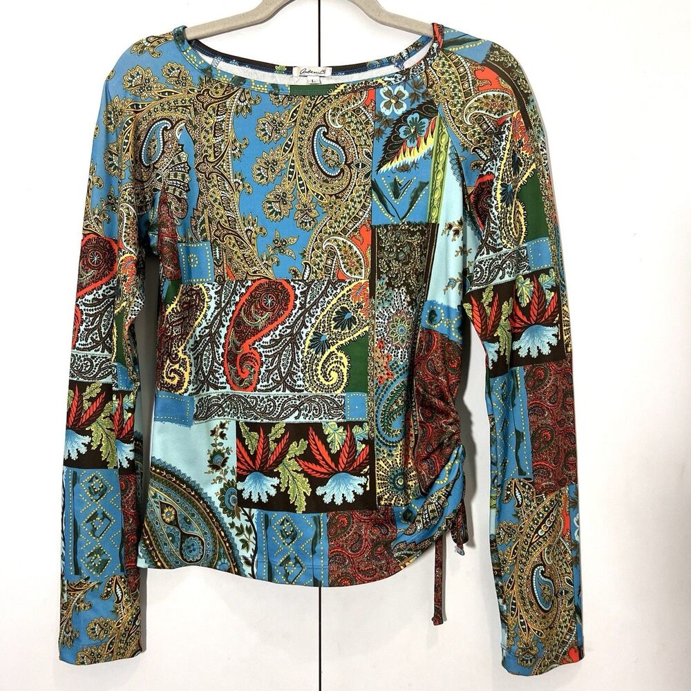 Arden B Y2K Top Size‎ L Ruched Tie Up Long Sleeve Paisley Forest Fairy